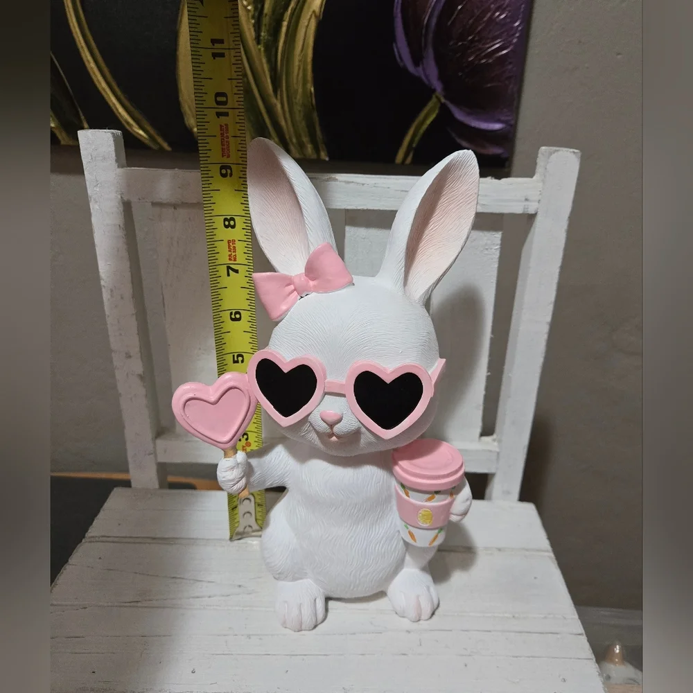 Easter Bunny Girl With Pink Sunglasses, Coffee And Heart Lollipop